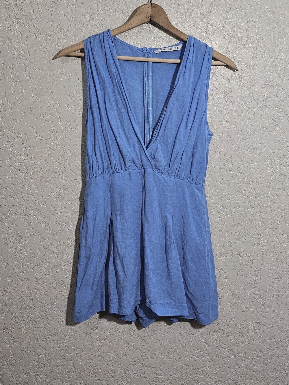 Zara Solid Blue Linen Blend Sleeveless Romper